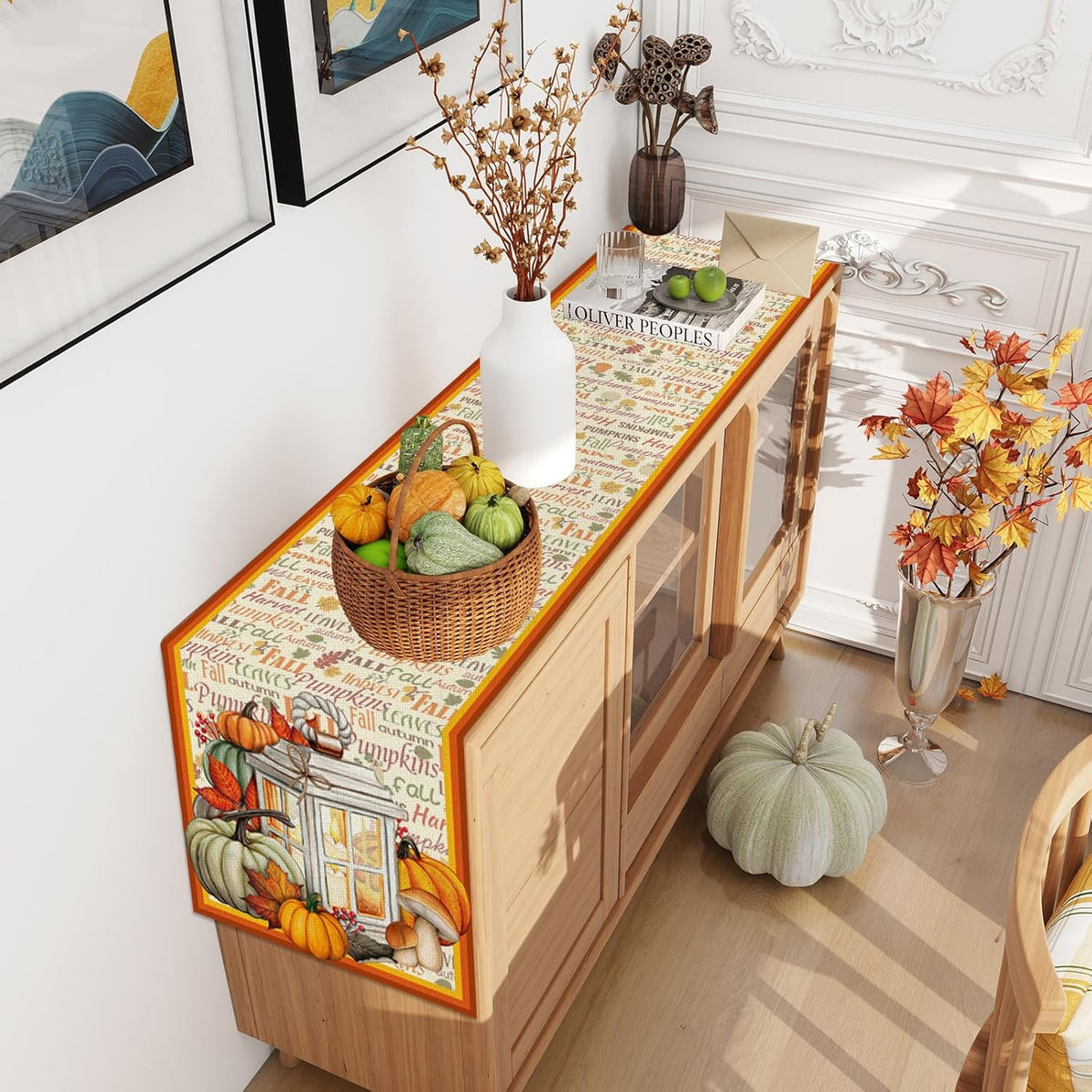 Linen Fall Table Runner - 48 Inch Farmhouse Leaves Pumpkin Table Decor Autumn Thanksgiving Home Kitchen Dining Room Decoration