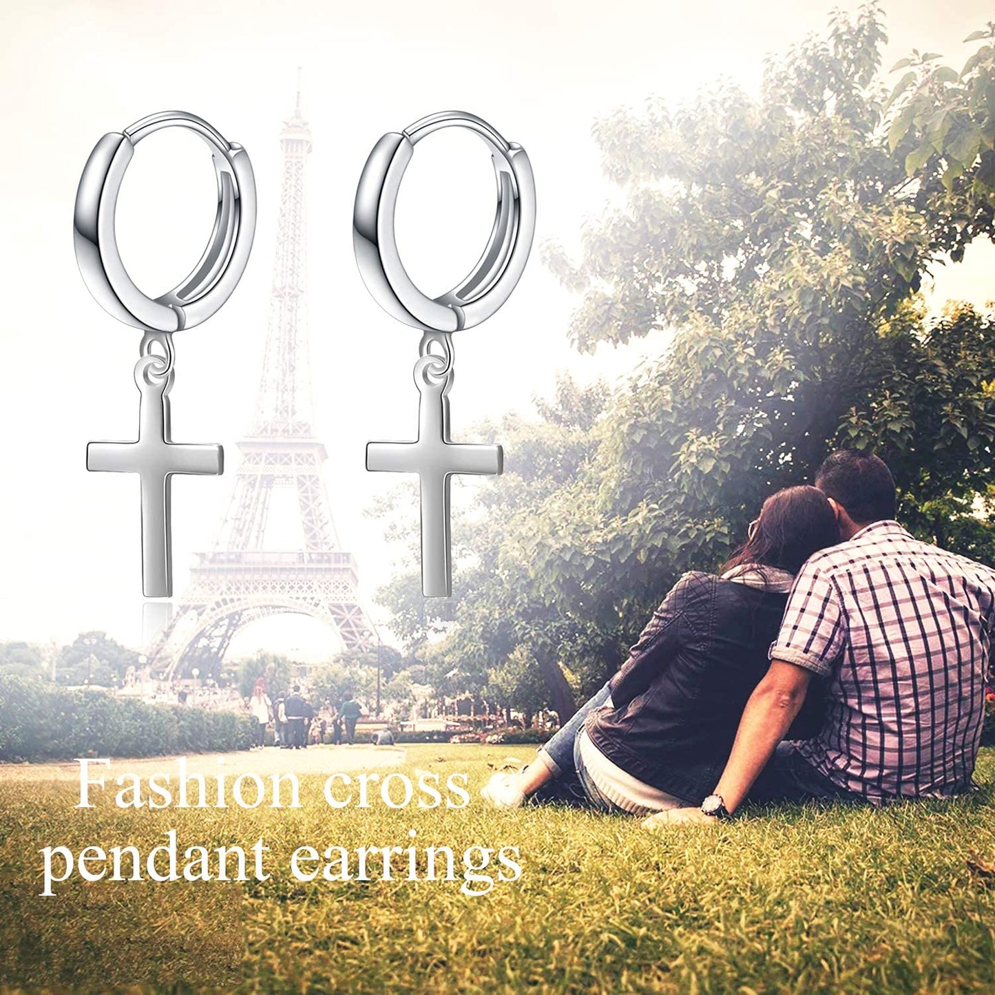 Sterling Silver Hanging Dangle Drop Cross Hoop Earrings for Women Men