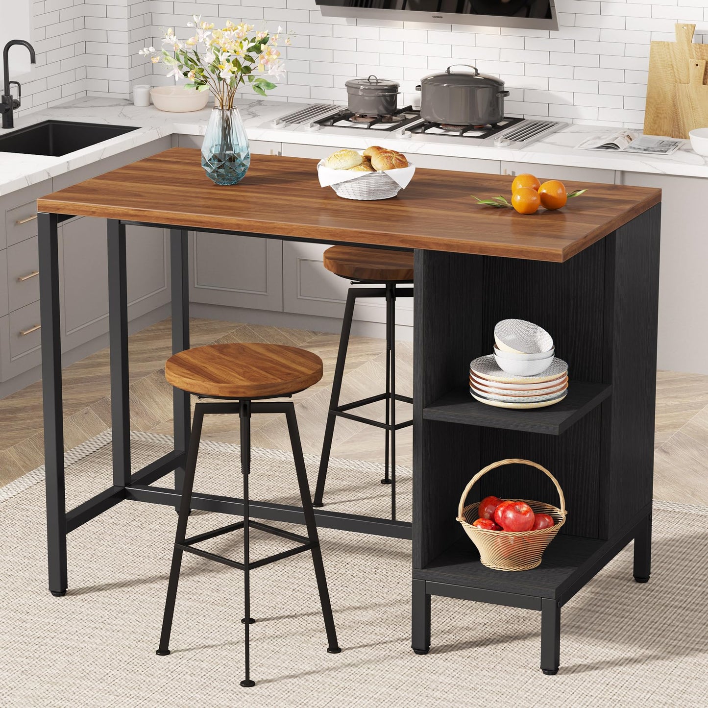 Tribesigns Kitchen Island, Kitchen Shelf Bar Table with 5 Open Storage Shelves and Large Worktop, Industrial Butcher Block Island (Stools Not Included)
