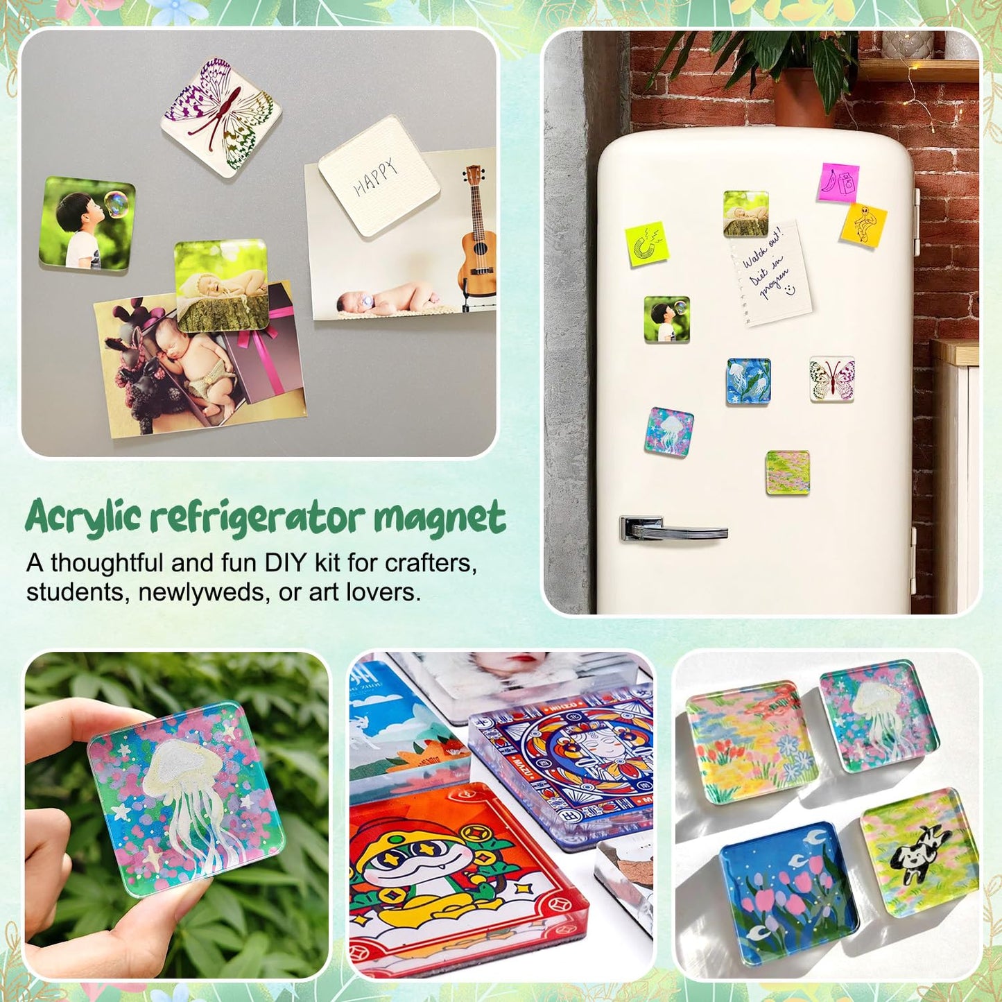 RAINBOW WSK 20 Pcs DIY Fridge Magnet Kit - Square Clear Acrylic Magnetic Set with Adhesive Backing for Photo,Crafts,Office,Classroom,Cabinets,Kitchen,2 Inch