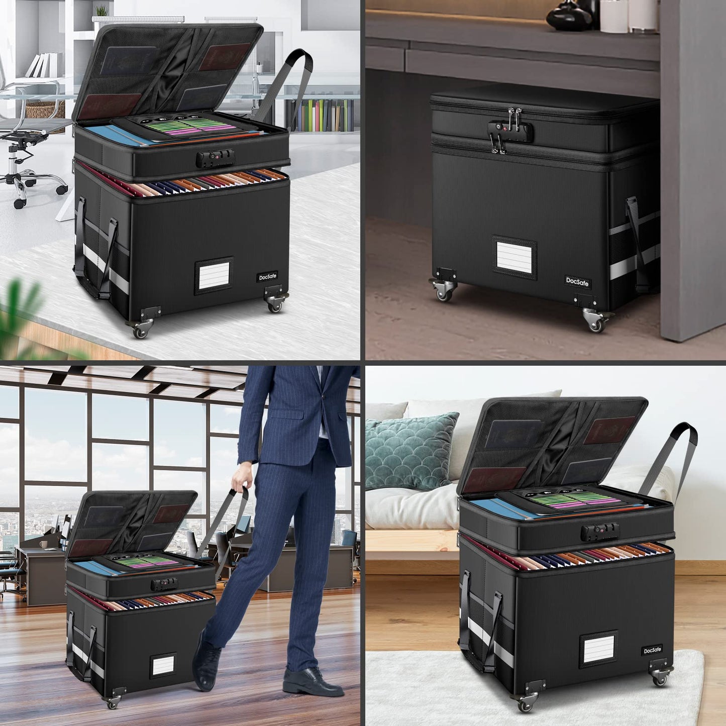 DocSafe Fireproof Document Box with Lock,2-Layer File Box with Wheels,Collapsible File Storage Organizer with Pockets,Large Portable Home Filing Cabinet for Hanging Folders,Black,16''x13.8''x12.2''