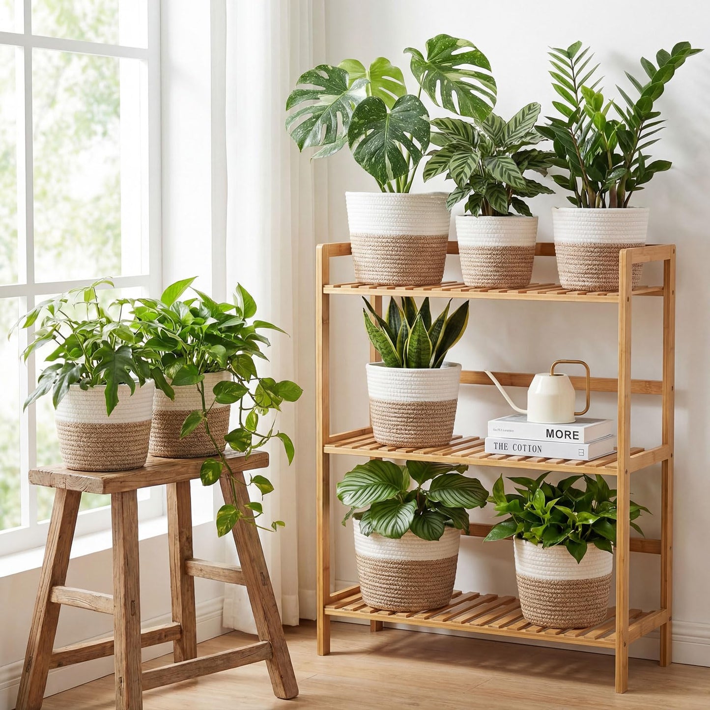 Fiwochic 4 Pcs Cotton Rope Plant Baskets Indoor Woven Flower Baskets with Plastic Liner, Plant Planter for Indoor Outdoor Spring Rustic Boho Home Farmhouse Floor Potted Pots Decor