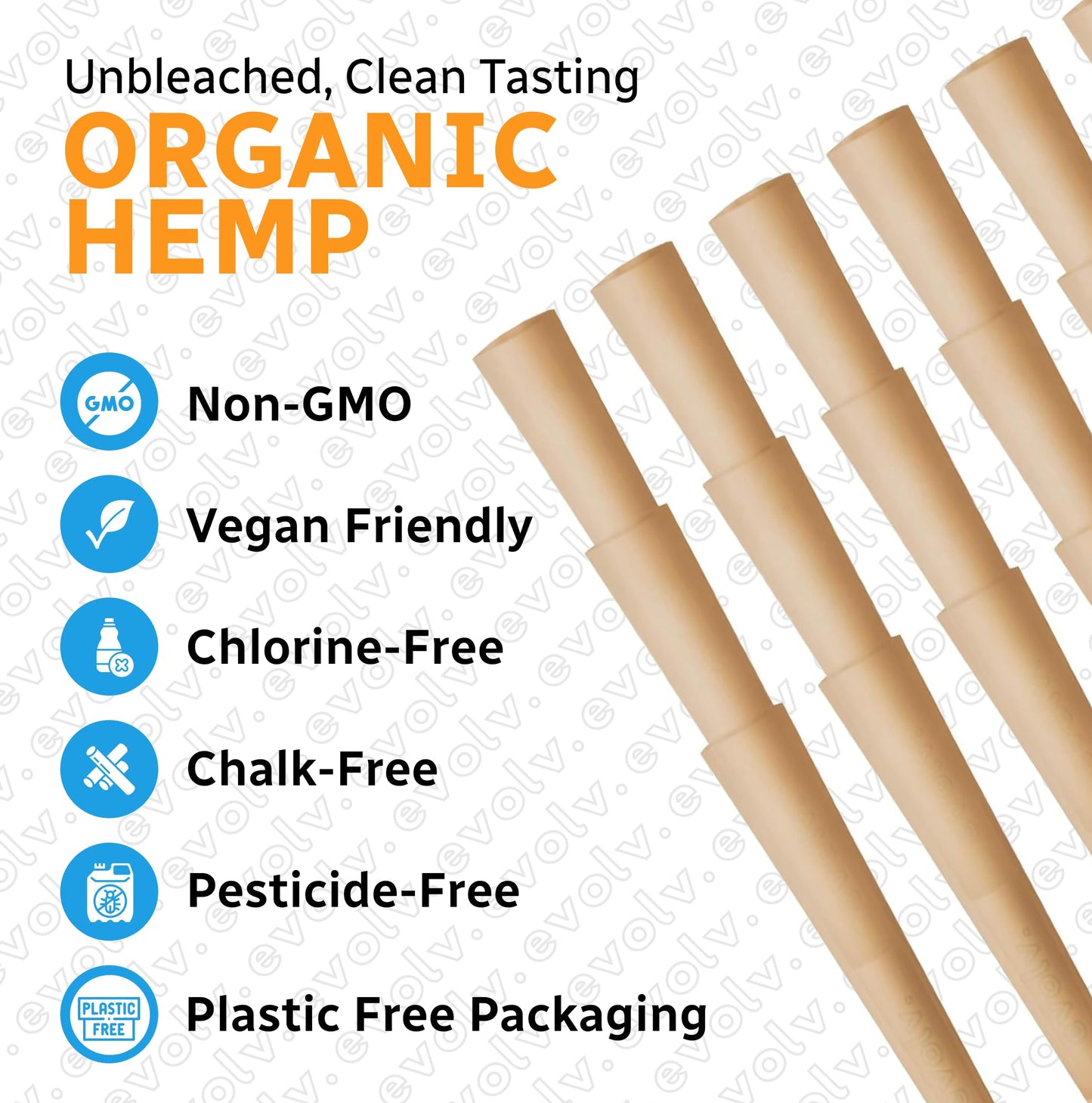 Evolv Organic Hemp Pre Rolled Cones Rolling Paper | Size: M98 (98/26mm) | 100 Count Case | Unbleached, Slow Burning Preroll Cones | Artisan Crafted Rolling Cone