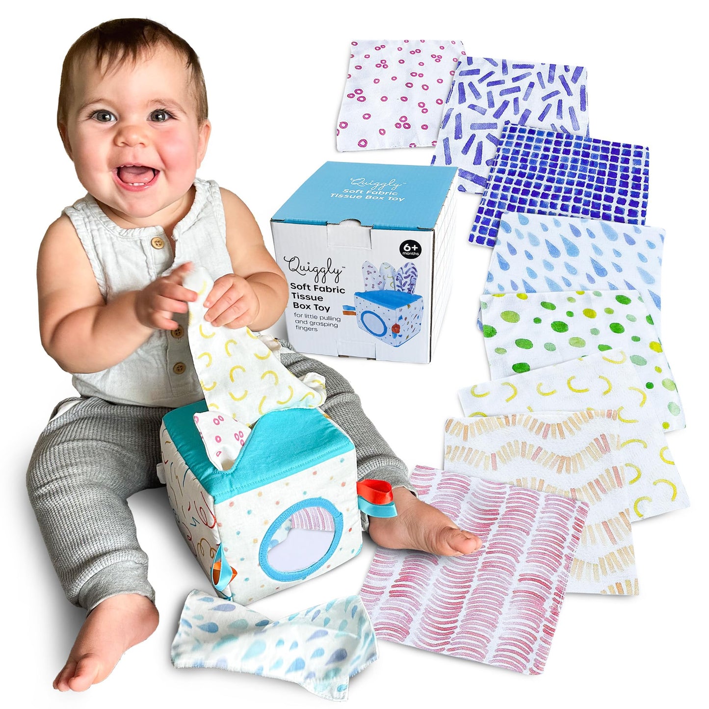 Quiggly Soft Fabric Tissue Box Toy for Babies- Montessori Sensory Development Toy for 6-12 Month Olds - 100% Cotton, Crinkle Tissues, Ribbon Details, Safety Mirror- Ideal for Infant Gross Motor Skills