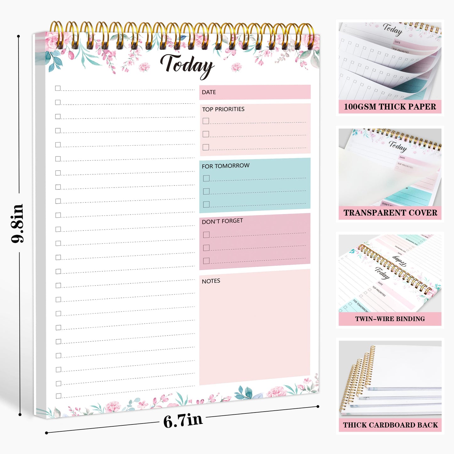 To Do List Notepad - Daily Planner Notepad 104 Pages Task Planner, 6.7" x 9.8" Double Sided Spiral Notebook with Checklist Productivity Planning Pad for Work Office Home-Pink