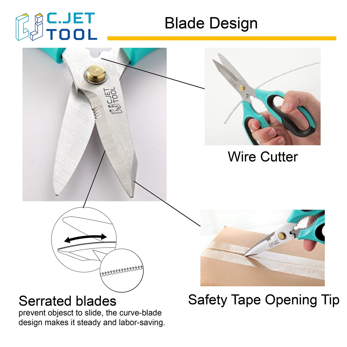 C.JET TOOL 8" Heavy Duty Scissors, Utility Scissors All Purpose for Cardboard, Plastic, Carpet, Rope, Leather. Sharp Stainless Steel Blades, Non‑Slip Handle, Kitchen Shears for Food, Meat & Poultry