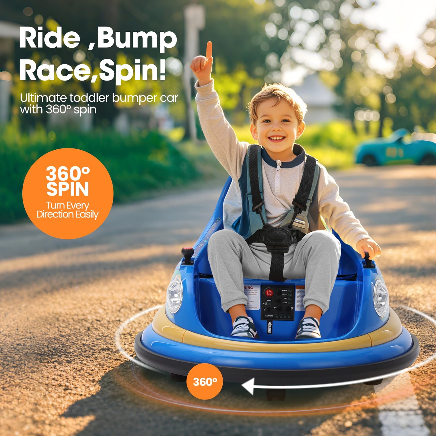 12V Electric Ride On Bumper Car for Toddler & Kids Ages 1.5-6 Years with Remote Control, 2PCS DIY Stickers, 360 Degree Spin, Lights, Sounds, Blue