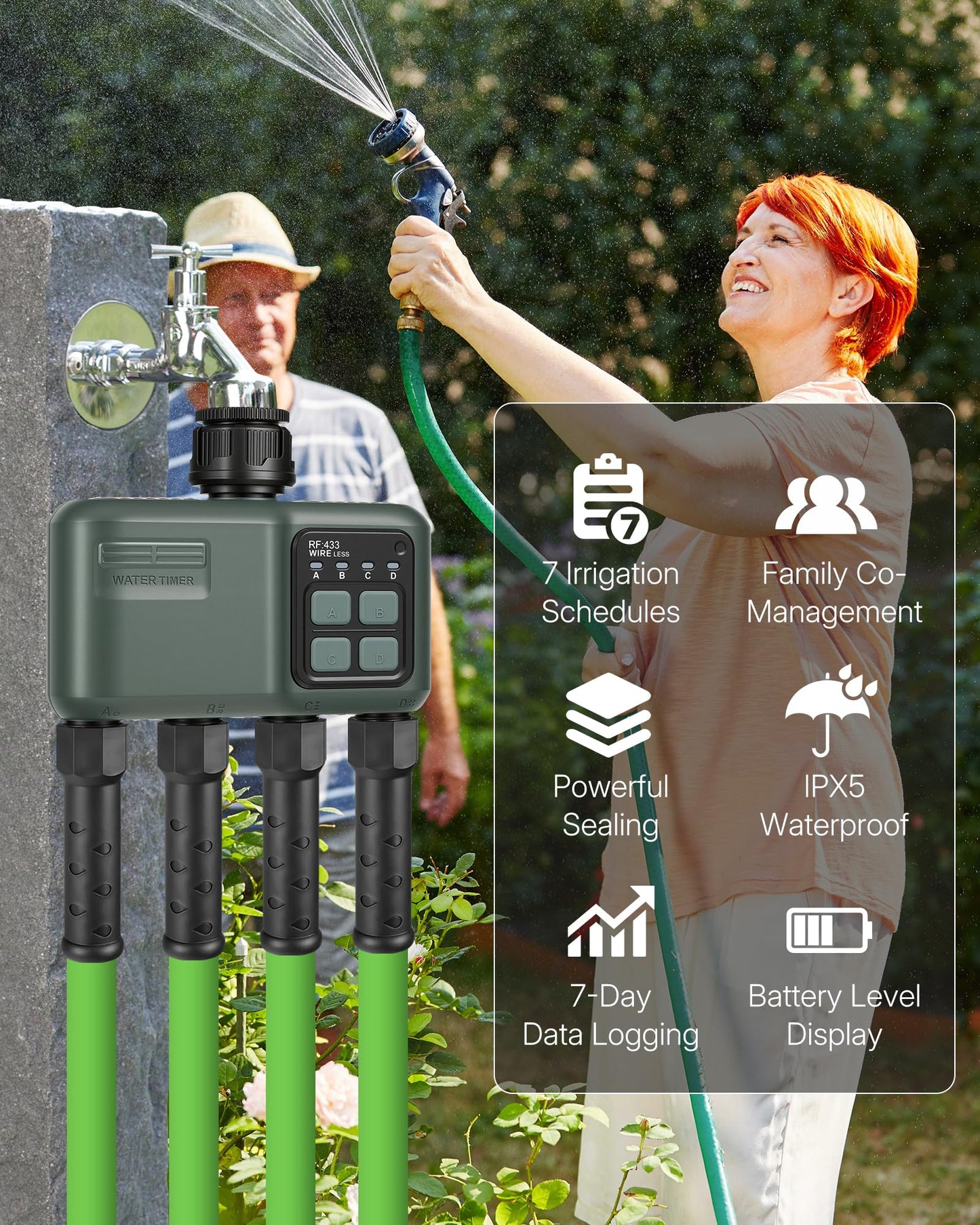 WILAWELS WiFi Water Timer for Garden Hose, Sprinkler Timer 4 Zone, Smart Hose Water with WiFi Irrigation Controller,Voice Control RF433 Automatic Irrigation System/Rain Delay/Manual Watering D34WT06