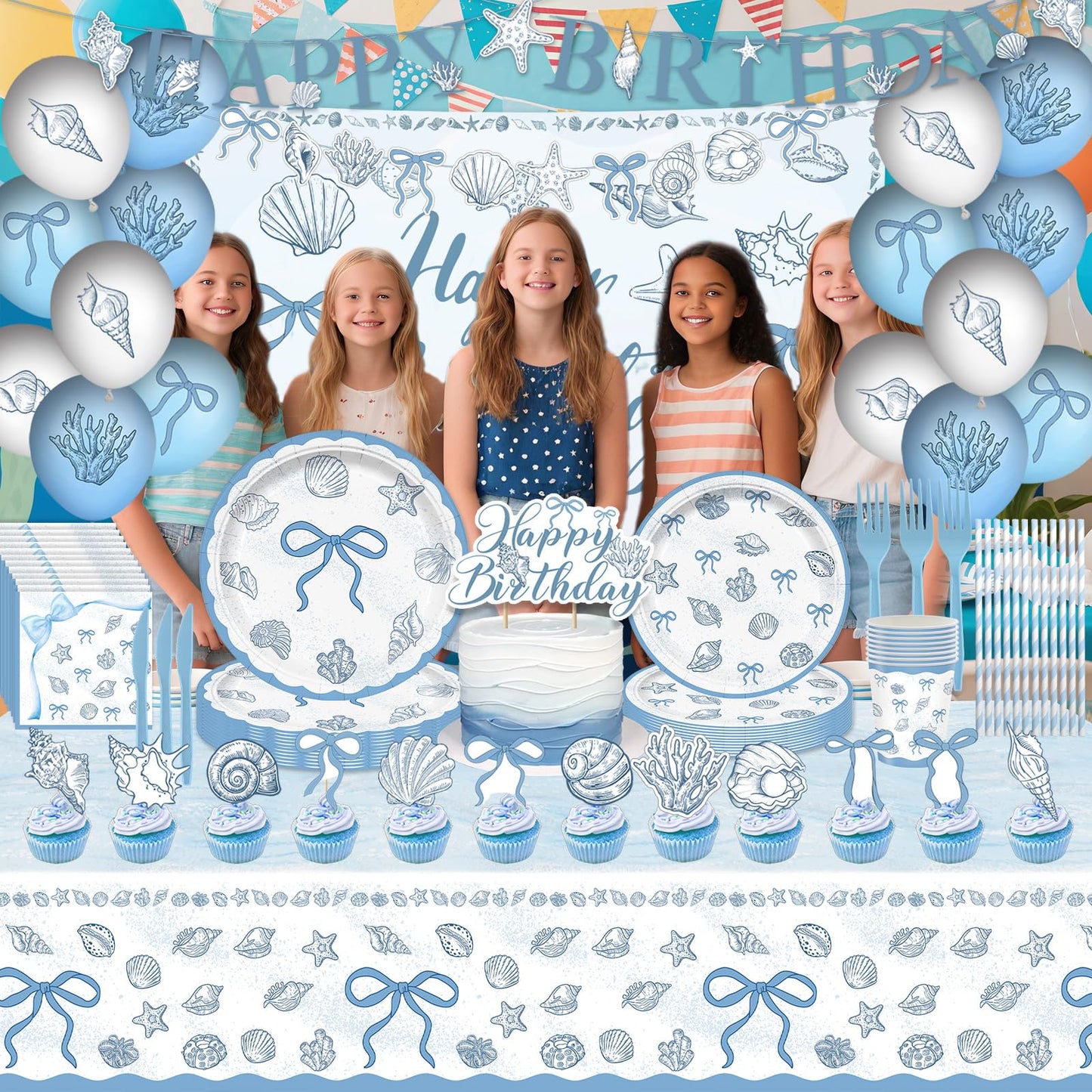 Seashell Birthday Party Decorations Include Balloons-Cake Topper-Cupcake Toppers-Banner-Backdrop-Plates-Beach Tablecloth-Napkins-Cups-Straw and Cutlery for The Summer I Turned Pretty Party Decor