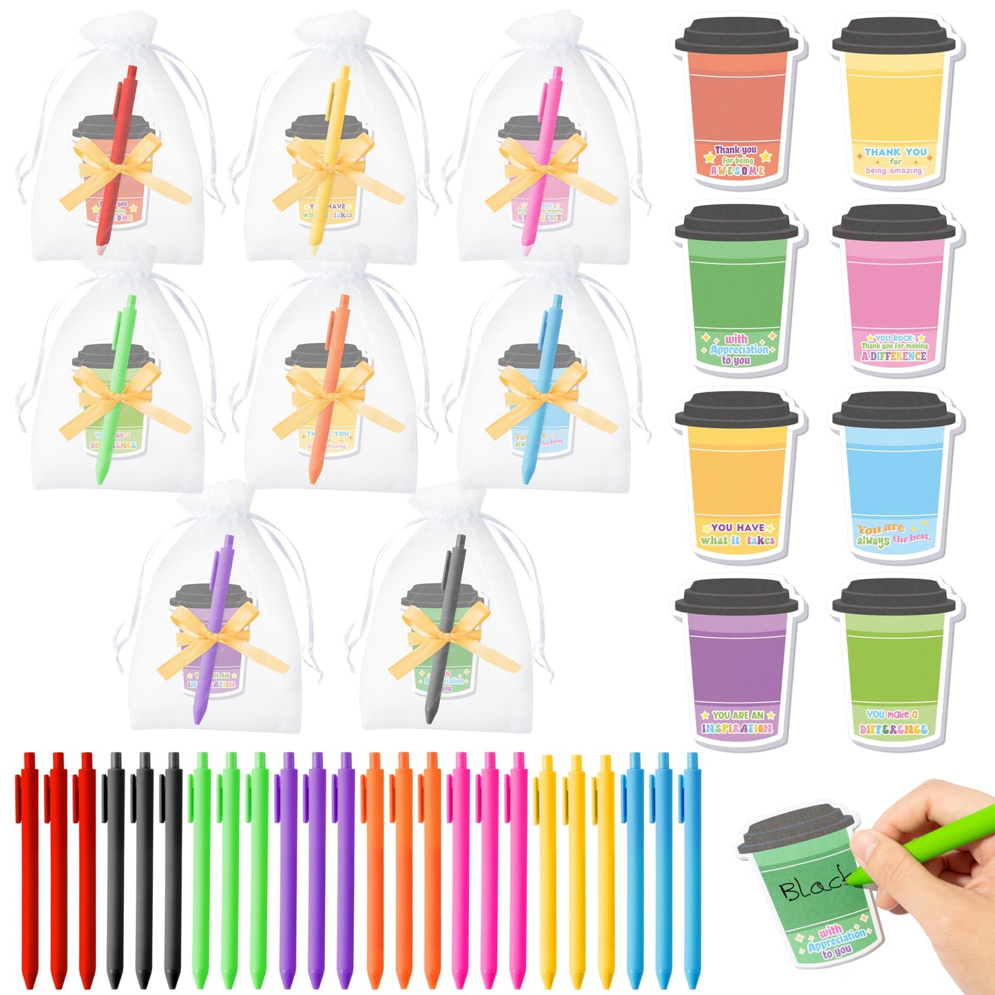 Xqumoi Employee Appreciation Coffee Cup Sticky Notes Set - 24 Set Coffee Self Sticky Writing Memo Pads Ballpoint Pens with Mesh Bag for Coffee Lover Staff Member Colleague Worker School Office Supply