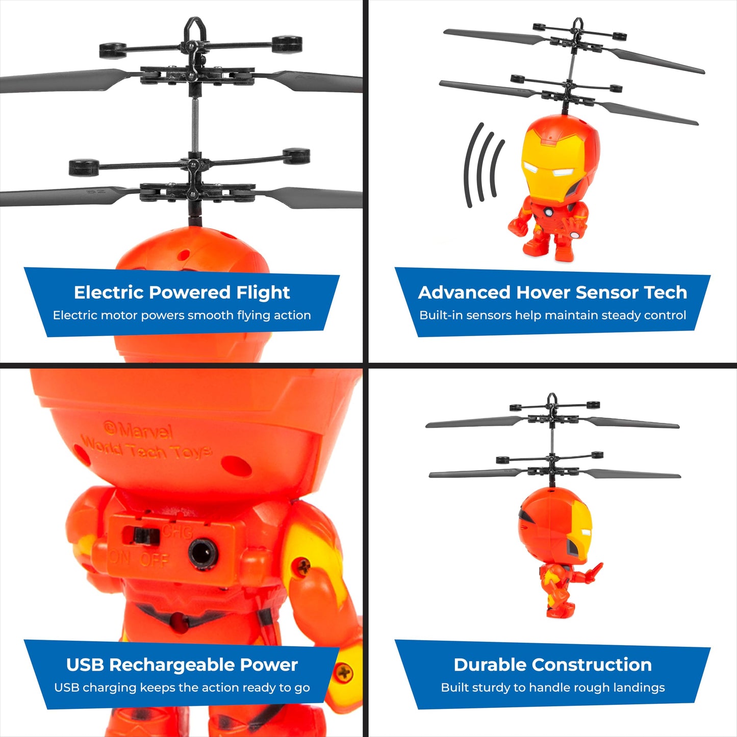 World Tech Toys Marvel Iron Man Big Head Helicopter Toy – Motion Sensored Flying Toy for Kids – Marvel Licensed – Kids Ages 6+