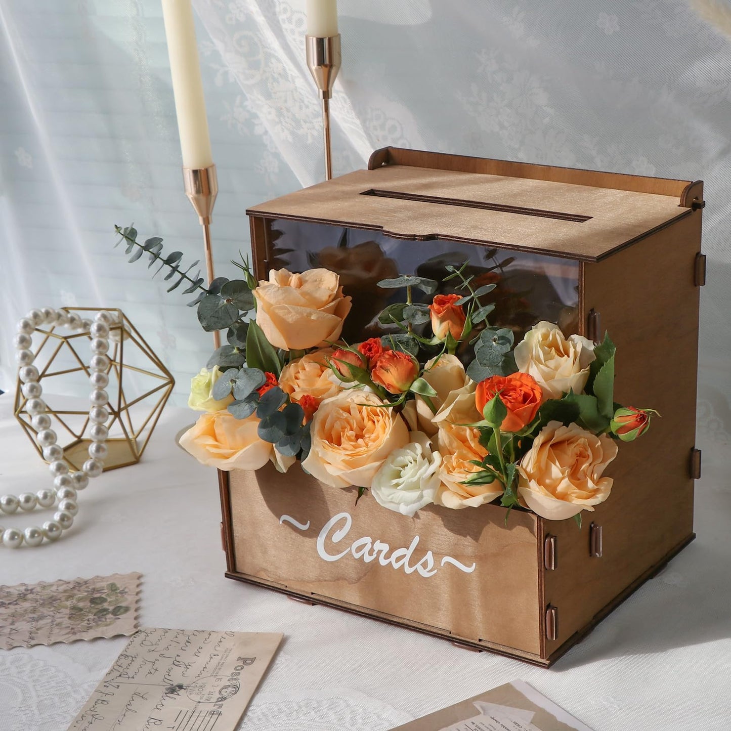 OurWarm Wooden Wedding Card Box with Flower Trough, Brown Gift Card Box for Wedding with Acrylic Board, Wedding Card Boxes for Reception Rustic Wedding Decor for Graduation Baby Showers Birthday Party