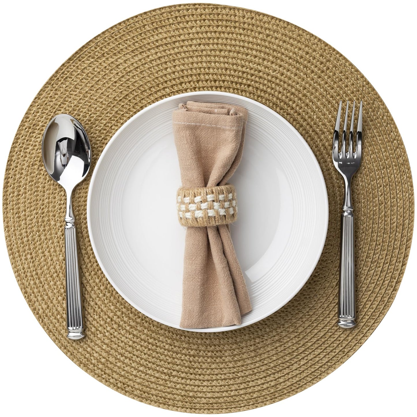 Baroyal Round Placemats Set of 8 Plastic Woven Placemats Washable Wipeable Table Mats for Dining Table Heat Resistant Non-Slip Circle Place Mats (Tan)