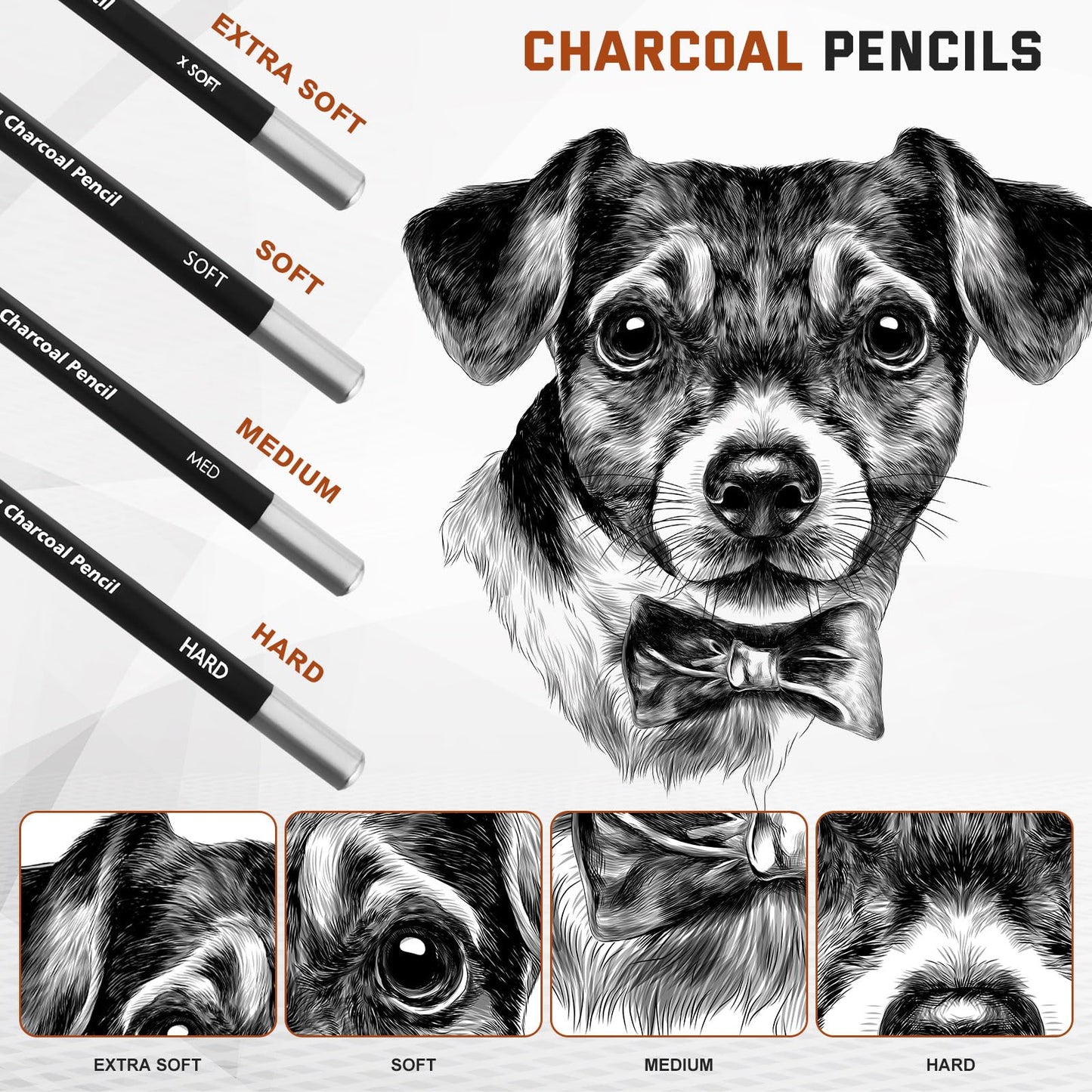 Geyoga 36 Pcs Charcoal Drawing Set Black White Brown Charcoal Pencils for Sketching, Shading, Blending, Portrait, for Beginners & Artists