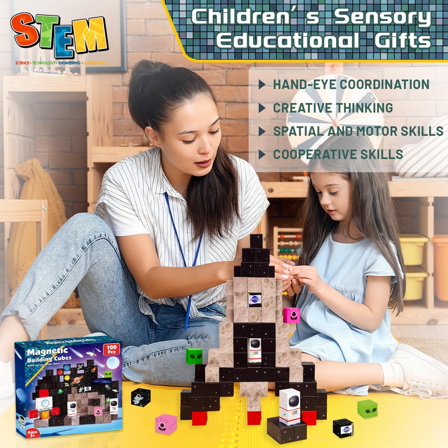 Goody King 100PCS Space Rocket Magnetic Building Blocks |Space Adventure Magnetic Blocks Set, STEM Montessori Stacking Toy, Building Playsets for Boys and Girls Ages 3-10,Sensory Tile Easter Gifts