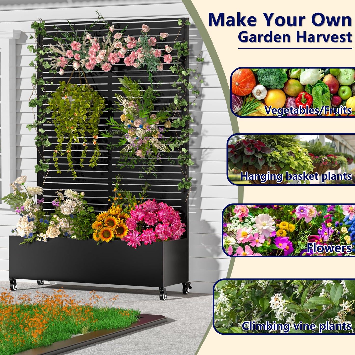 Metal Planter Box with Trellis,72"x47"x16"Galvanized Steel Outdoor Raised Garden Bed with Privacy Screen,with Drainage Holes & Lockable Casters for Climbing Plants,Vegetables,and Vines(BYC)