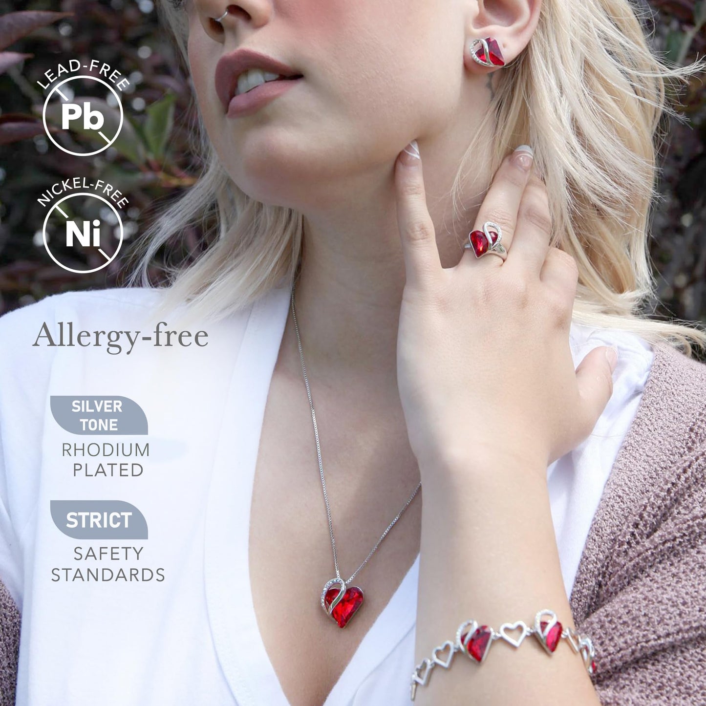 Leafael Infinity Love Heart Gift Bracelet for Women, January & July Birthstone Crystal, Siam Ruby Red, Silver Tone, 7-inch Chain and 2-inch Extender