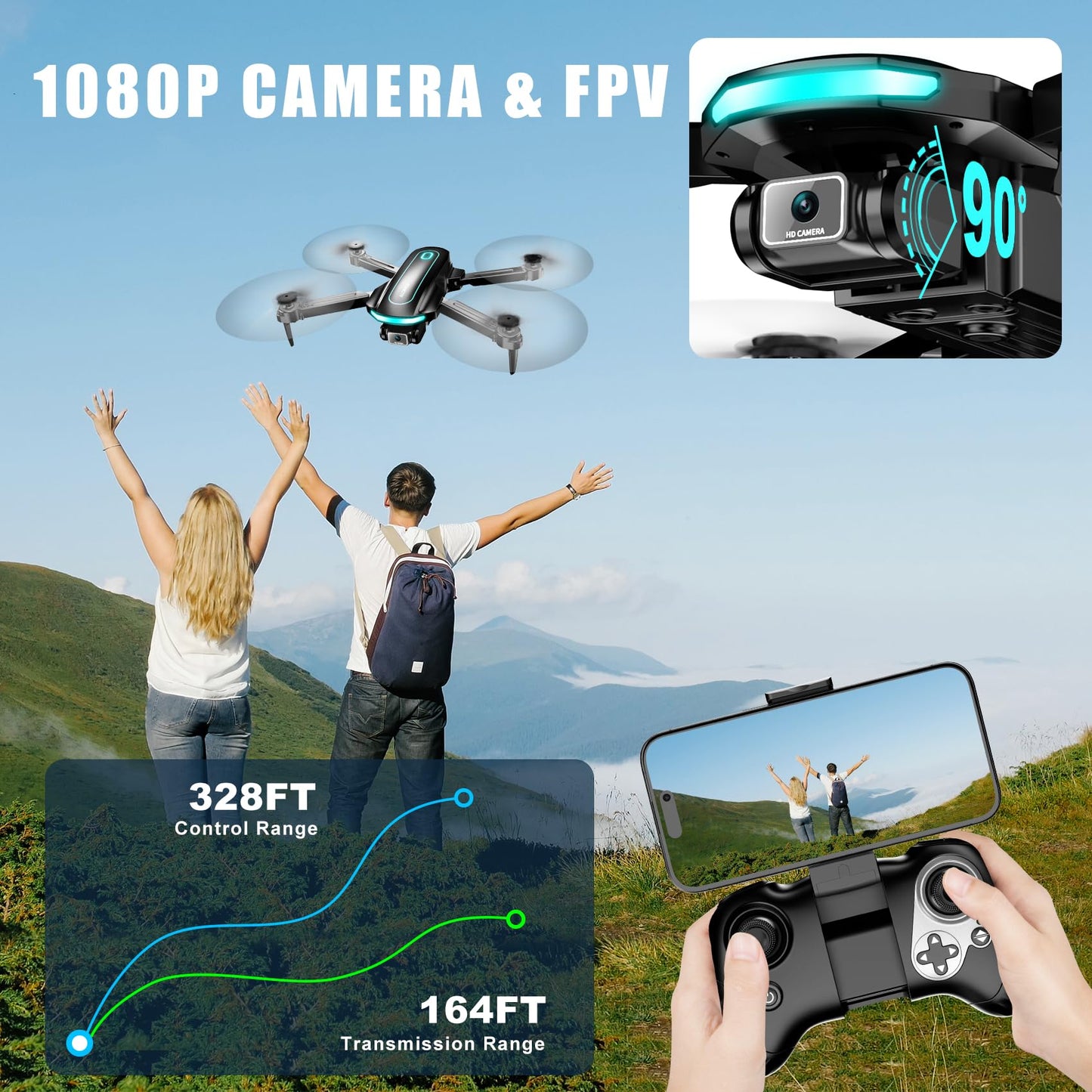 Drone with Camera for Adults and Beginners, 1080P HD FPV Foldable Mini Drone for Kids, 2 Batteries, Carrying Case, Trajectory Flight, Gravity Control, One-Key Takeoff/Landing, 360° Flip, Toys for Gift