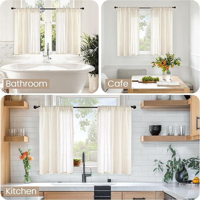 BGment Linen Kitchen Window Curtains Over Sink - 36 Inch Length Cafe Drapes Semi Sheer with Rod Pocket Light Filtering for Bathroom Small Window, Beige, 2 Panels, Each Panel 30 Inch Wide