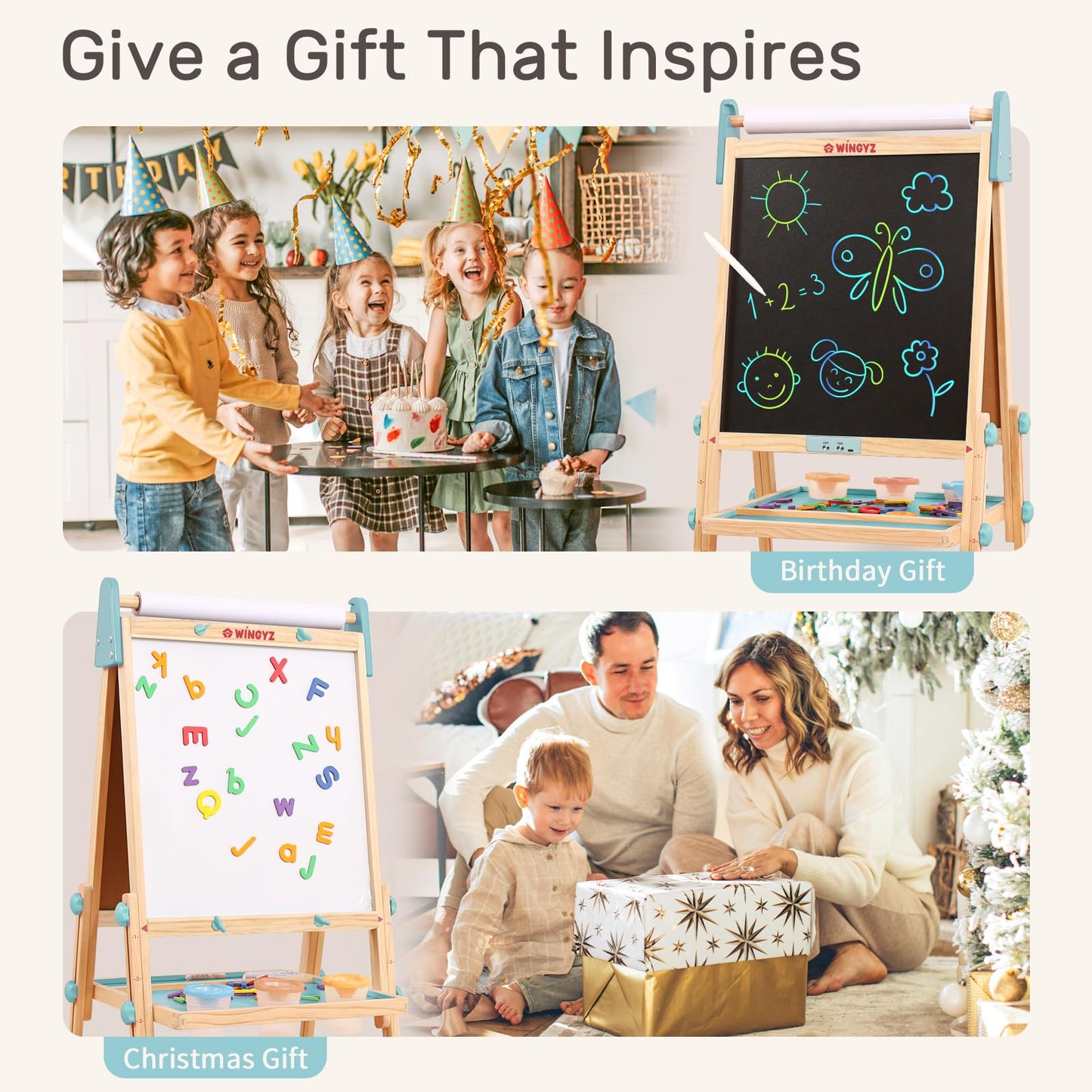 WINGYZ 24" LCD Easel for Kids, 3-in-1 Color Drawing Tablet with Blue Light-Free Screen, Whiteboard & Paper Roll, Adjustable Wooden Art Station for Ages 3-12, Mess-Free Creative Gift for Home & School