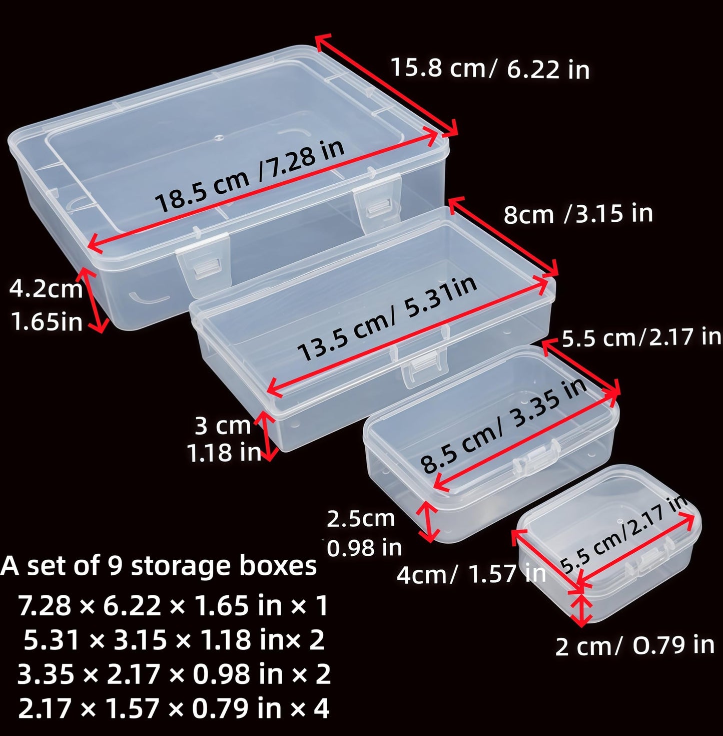 CHSZCHOMER 9 Pack Clear Plastic Storage Boxes with Snap-Lock Lids, Assorted Sizes Mini Organizer Containers with Bonus Marking Labels for DIY Crafts, Beads,Charms,Stickers, SMT Components,Hardware