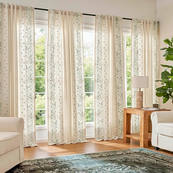 jinchan Winslow Lined Linen Curtains for Bedroom 84 Inches Linen Blended Embroidered Bordered Floral Curtains for Living Room Farmhouse Decor Window Treatments Sage on Beige Drapes 2 Panels