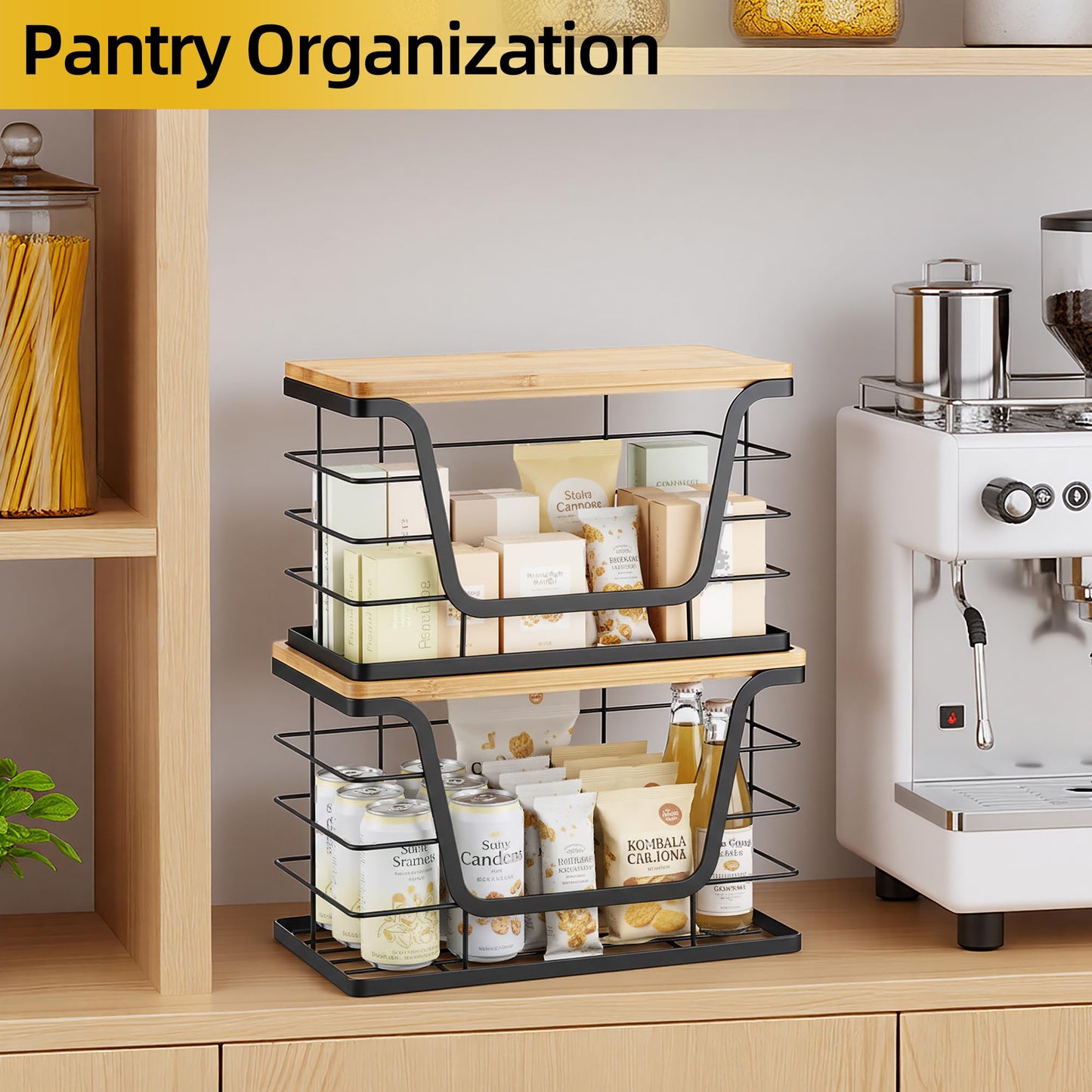 ALOCEO 2 Pack Storage Stackable Kitchen Laundry Organizers with Bamboo Top, Large Trash Bag Holder and Small Garbage Bag Dispenser for Countertop Organization
