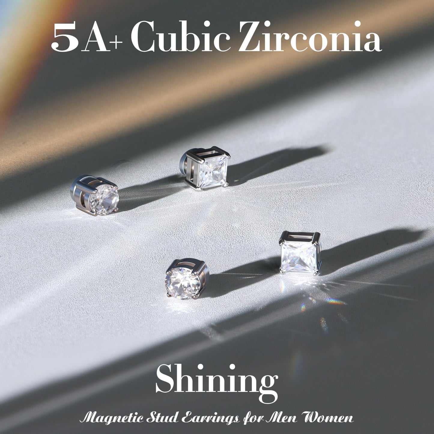 Jstyle 2 Pairs Stainless Steel Magnetic Stud Earrings for Men Women Non-piercing CZ Hypoallergenic 5-8MM