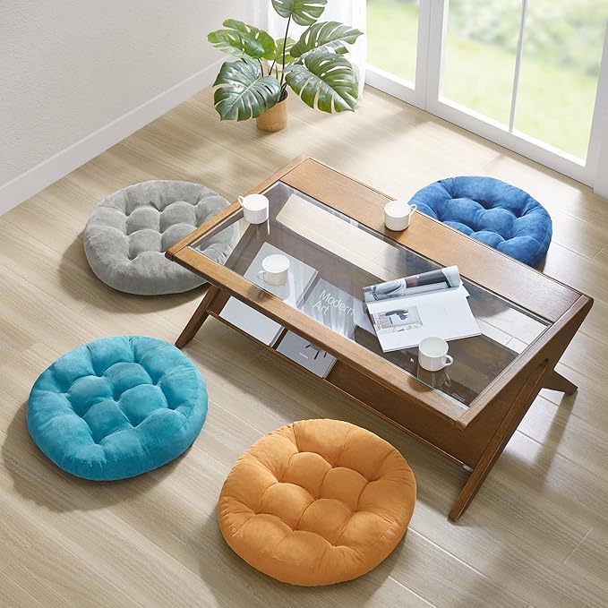 Meditation Floor Pillow Set of 2, Round Large Pillows Seating for Adults, Tufted Corduroy Cushion for Tatami Living Room, Grey, 22 Inch