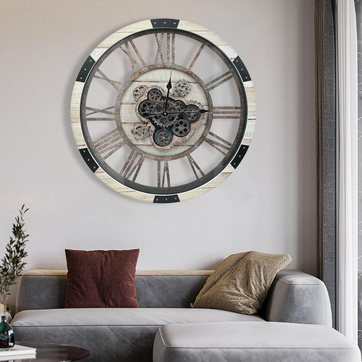 DORBOKER 30" Large Wall Clock Moving Gears,Oversized Industrial Rustic Farmhouse Clocks for Living Room Decor Office Home, Solid Wood Retro Metal HD Tempered Glass Cover,Desert Beige