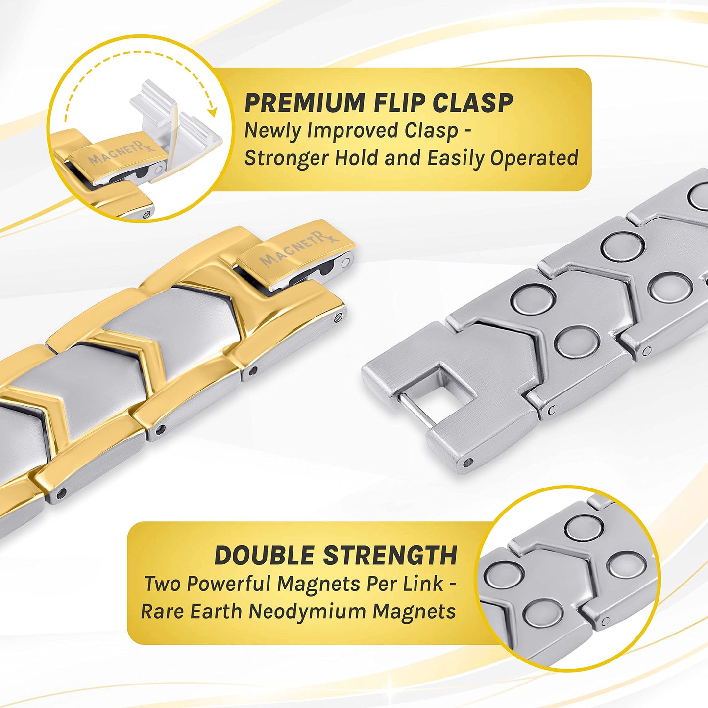 MagnetRX® Ultra Strength Magnetic Bracelet – Effective Stainless Steel Metal Bracelets for Men – Adjustable Length with Sizing Tool for Perfect Fit (Silver & Gold)