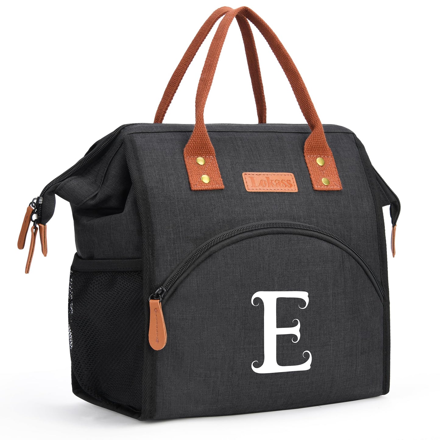 Personalized Lunch Box for Women, Initial Reusable Insulated Lunch Bag, Wide-Open Adult Lunchbox Cooler Lunchbag, Leakproof Lunch Tote for Picnic Work Outdoors, Christmas Gift for Women, Black - E