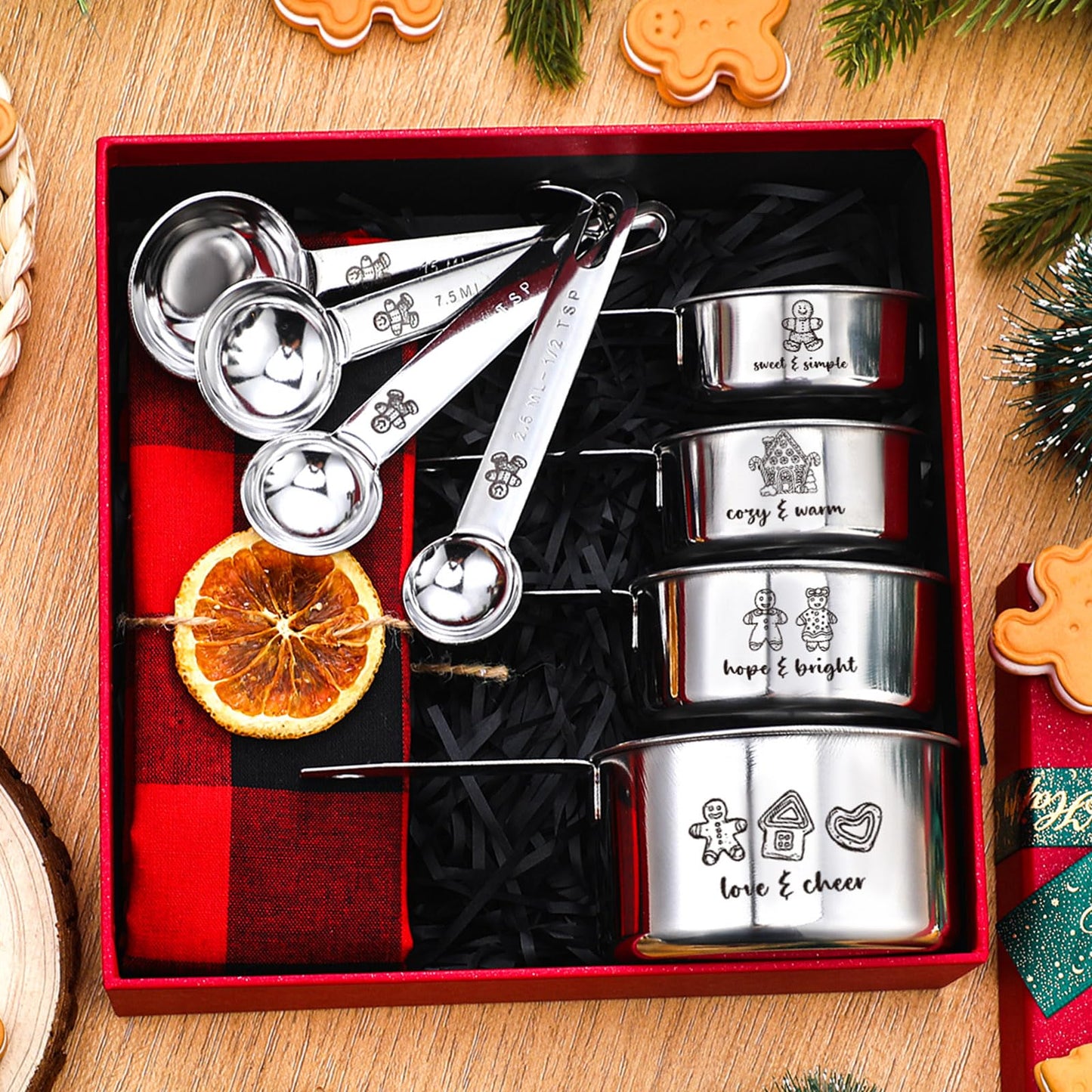 Nuogo 10 Pcs Christmas Measuring Cups and Spoons Set Christmas Gift Box Include 4 Stainless Steel Measuring Cups 4 Measuring Spoons and 1 Red and Black Plaid Towel Xmas Gift for Women