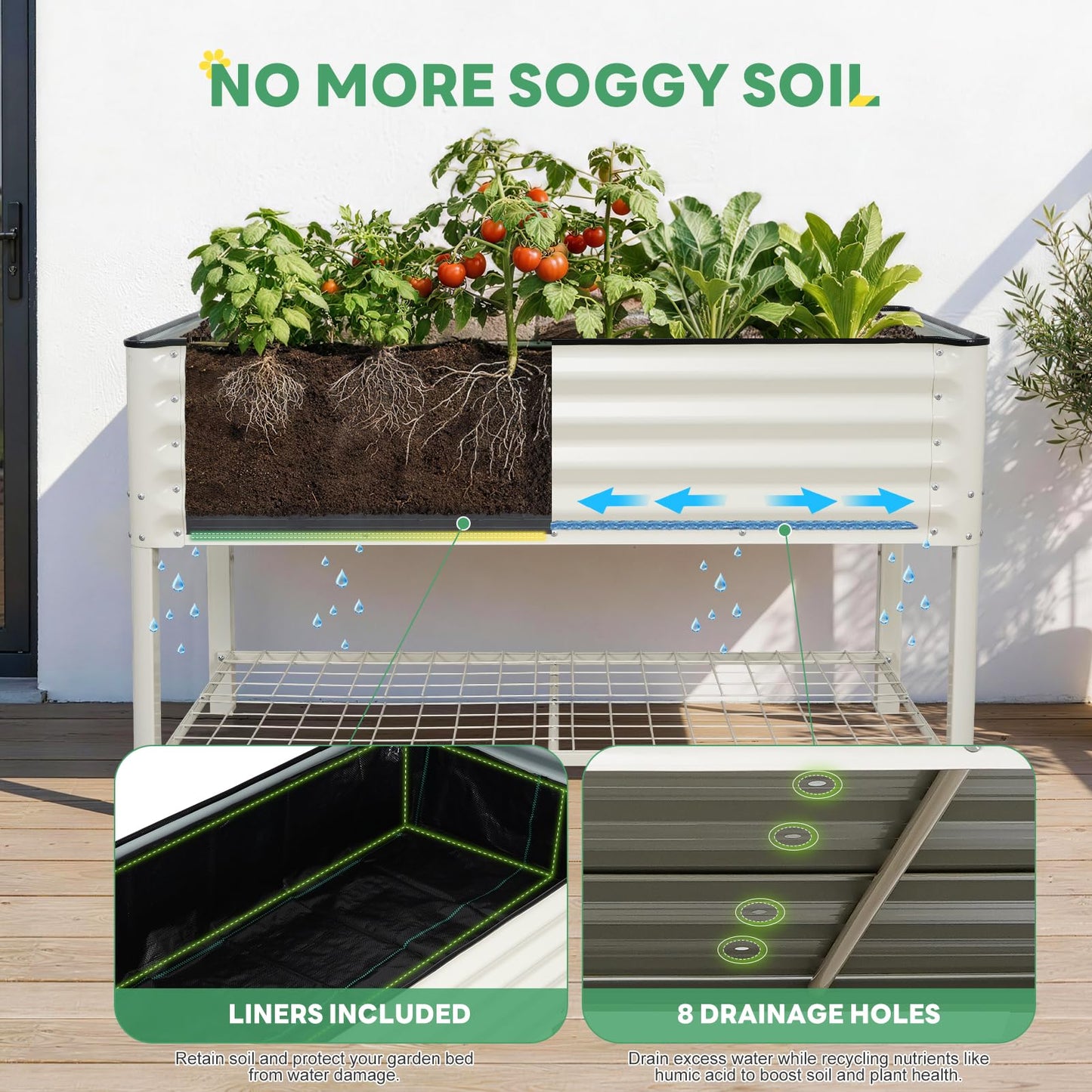 STBoo Elevated Raised Garden Bed with Legs - 48''x24''x32'' Galvanized Metal Standing Planter Boxes Outdoor with Bottom Storage Shelf for Backyard, Patio, Balcony, Vegetables, Flowers, White