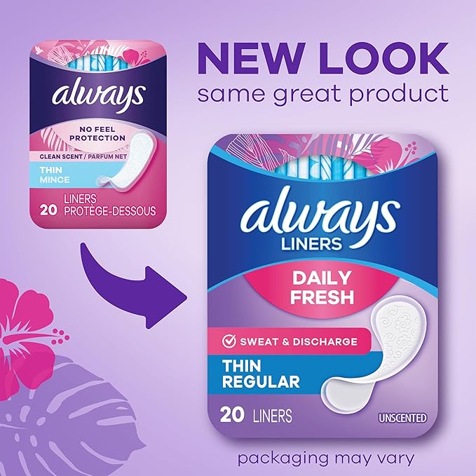 Always Daily Fresh Thin Liners, Regular Absorbency, Unscented Panty Liners, 216 Count (Packaging May Vary)