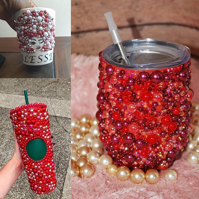 4000PCS Flatback Rhinestones and Half Round Pearls Kit #34, Multi Size Glass AB Crystals, Plastic Flat Back Red AB Dome Bead with Pickup Pencil and Tweezer for Nail Art
