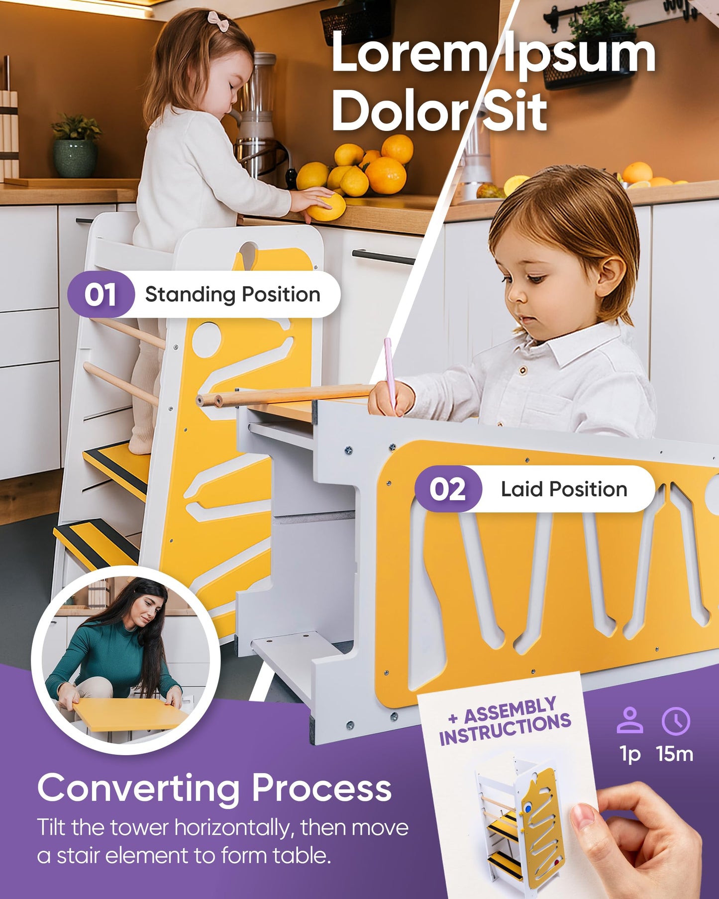 4in1 Toddler Standing Tower 3 Level Adjustable Height [Multifunctional] with Chalkboard, Montessori Inspired Games, Table & Learning Hub - Learning Tower for Kitchen from 18 Mo to 6 Yr - Ship from US