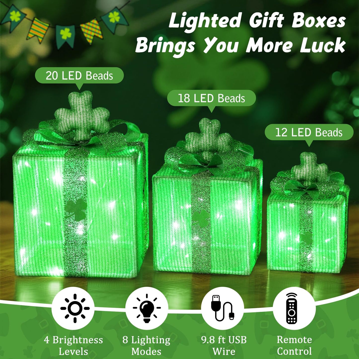 Lewondr St Patricks Day Decorations Lighted Gift Boxes with 3D Shamrocks, Green Decor Light Up Present Boxes for St Patrick's Day, USB Powered + Remote Control Lucky Clover for Indoor Home Holiday