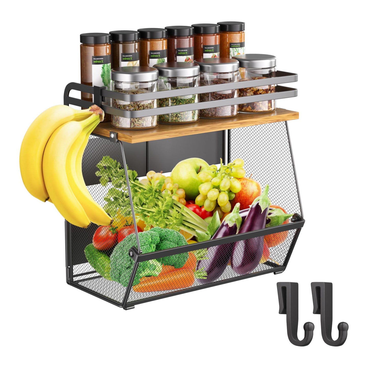 Magnetic Shelf for Fridge with Wood Lid, Large Capacity Magnetic Spice Rack for Refrigerator Kitchen Storage Bin for Fruit, Onion, Potatoes, Storage Organizer for Counter & Cabinet, Mesh Basket