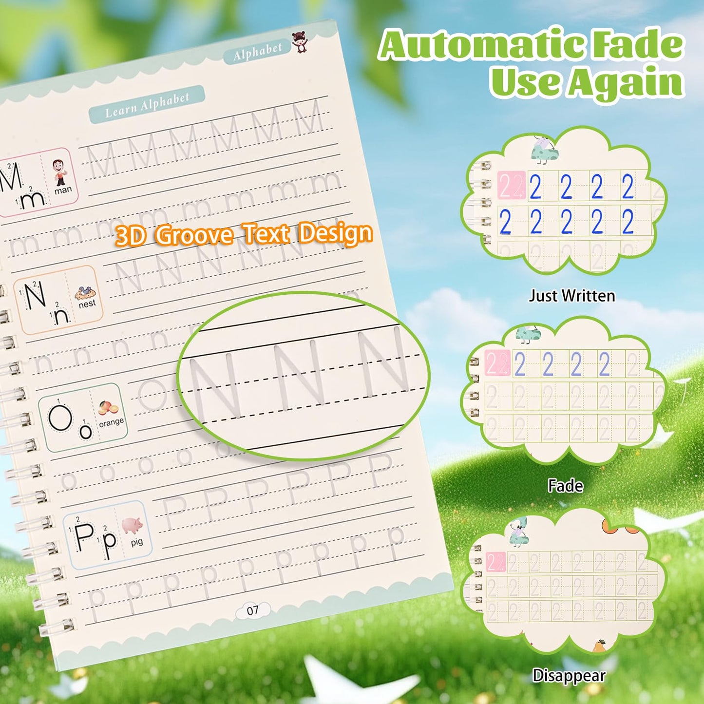 AALGO Handwriting Book Practice for Kids,Reusable Grooved Handwriting Books, Writing Practice for Kids Age 3-5