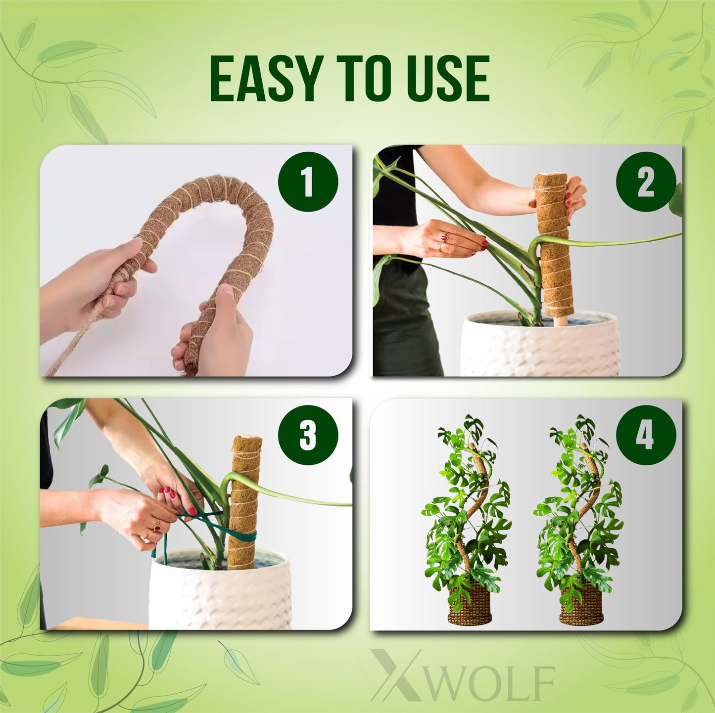 XWOLF 3 Pack Bendable Moss Pole 28" 48" 63" Monstera Plant Support for Climbing Indoor Plants, Tall Coir Plant Pole Sticks & Plant Stakes for Pothos, Philodendron & Potted Plants, Includes Plant Ties