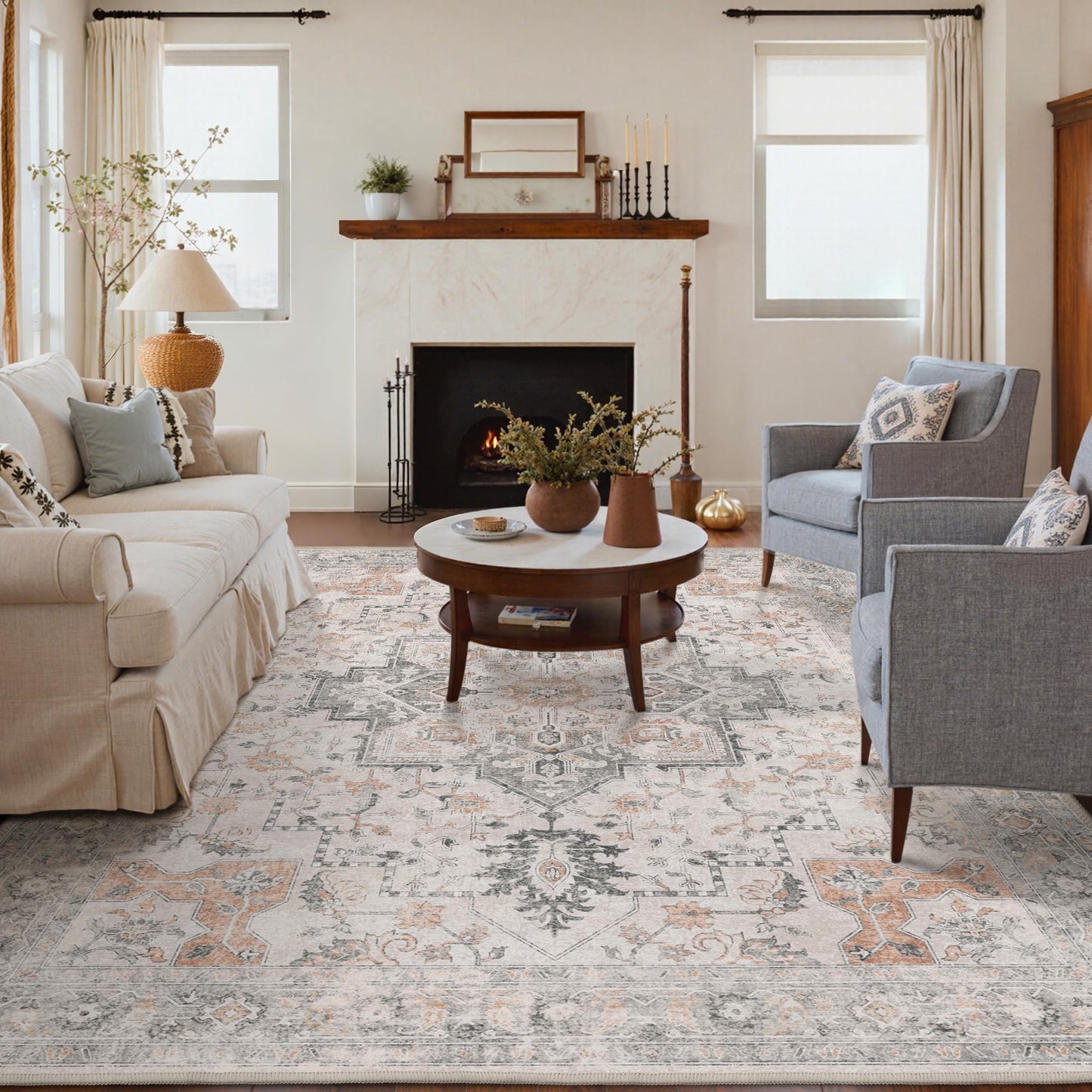 GENIMO 5X7 Area Rugs for Living Room, Machine Washable Non Slip Vintage Rugs, Low Pile Lightweight Chenille Print Rug for Bedroom, Dining Room, Home Office, Light Taupe Brown