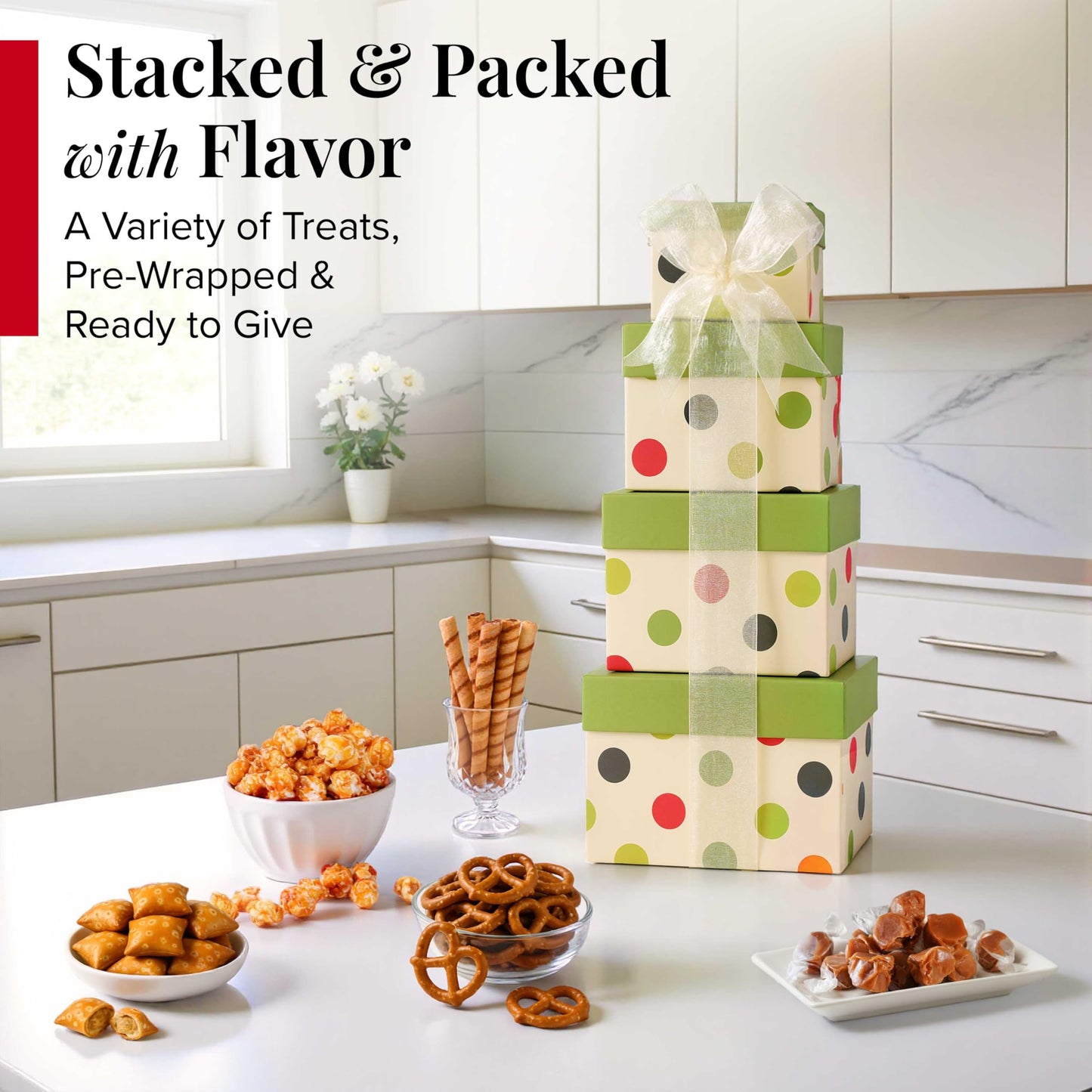Broadway Basketeers Mother's Day Tower, gift basket with Sweet & Savory Treats, Thank You Gift for Mom, Birthdays, Holidays & Celebrations, Kosher