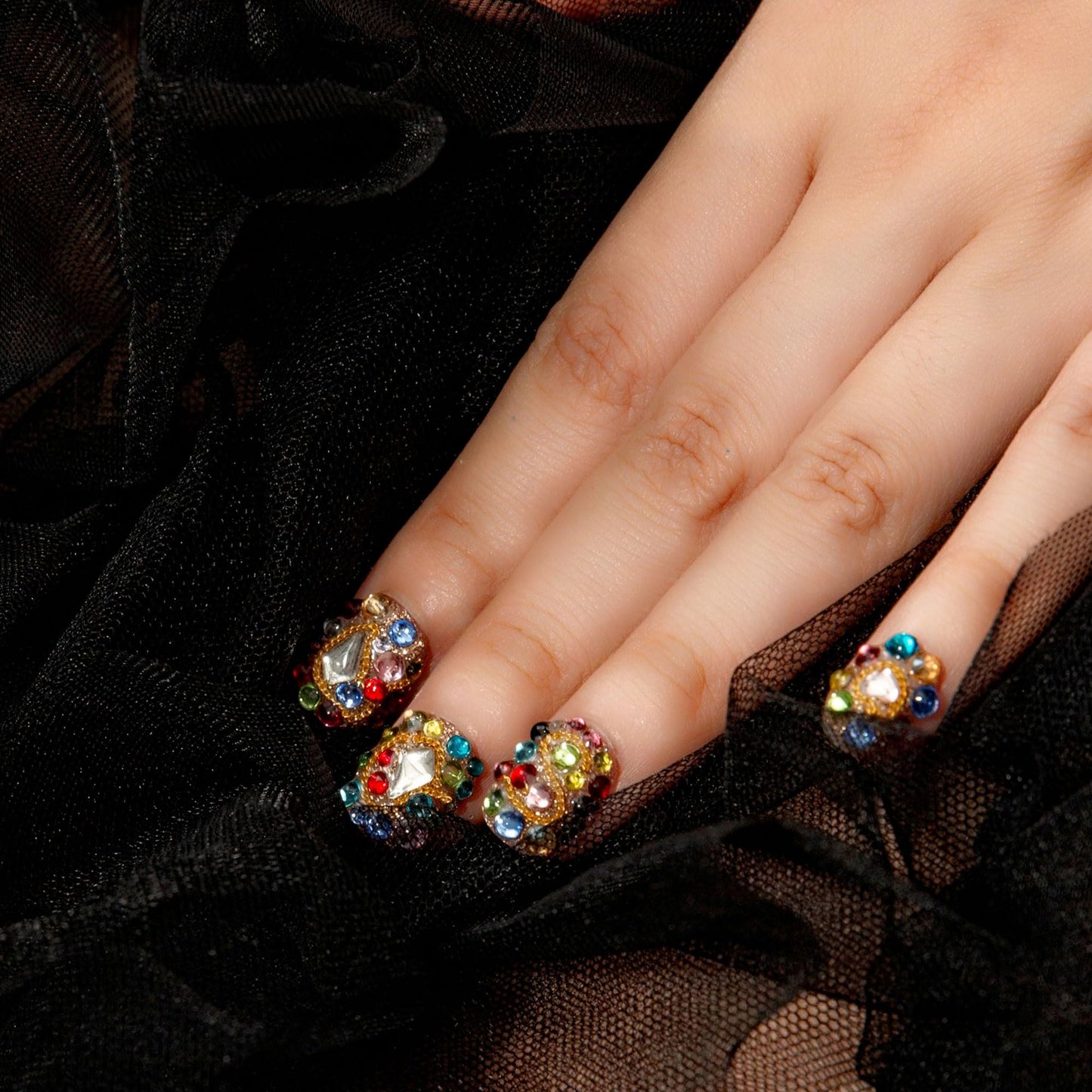 LOVFUL Press on Nails Rainbow Luxe | Handmade with Full Covered Crystals | Reusable Full Cover Nails | Square Short 0.8 in | K21(YH482)-S