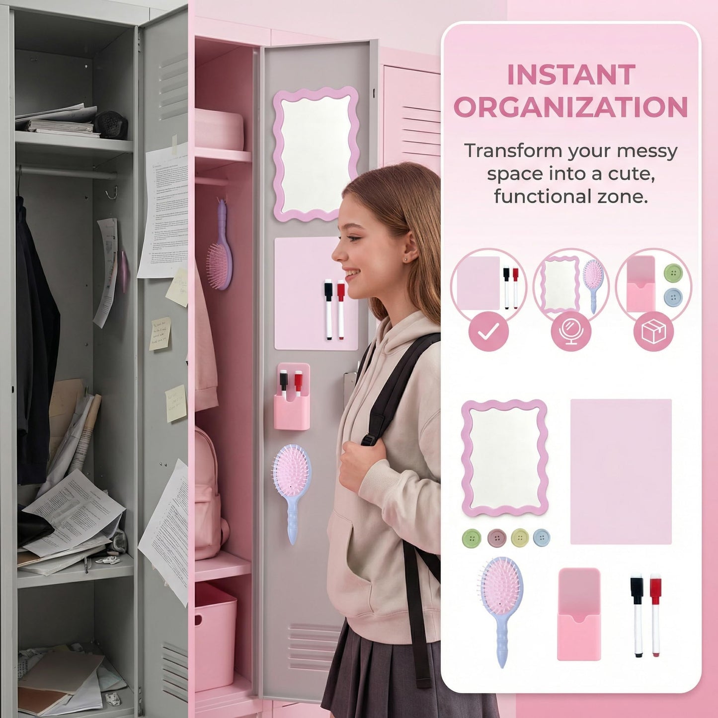 Pink Magnetic Locker Accessories Set (10 Pcs) – Shatter-Resistant Mirror, Whiteboard, Pen Holder, Comb, Markers & Magnet Clips – Cute Organizer for School, Gym, Work Locker Essentials for Girls Teens