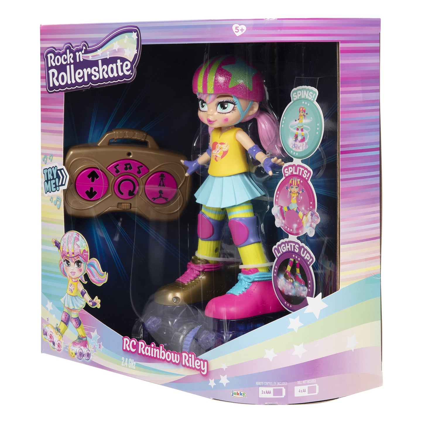 Rock N Rollerskate Doll Rainbow Riley Light Up Remote Control Rollerskating Doll - Plays Music and Skates!, 10" H