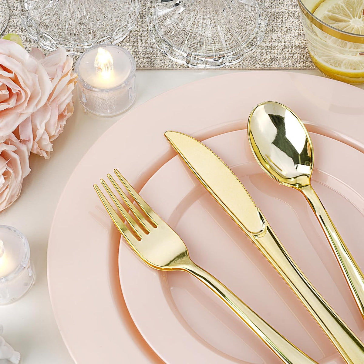 350 PCS Pink Plastic Dinnerware Set for 50 Guests, 100 Disposable Plates for Party, 50 Pre Rolled Napkins with Gold Silverware, 50 Cups for Wedding, Graduation