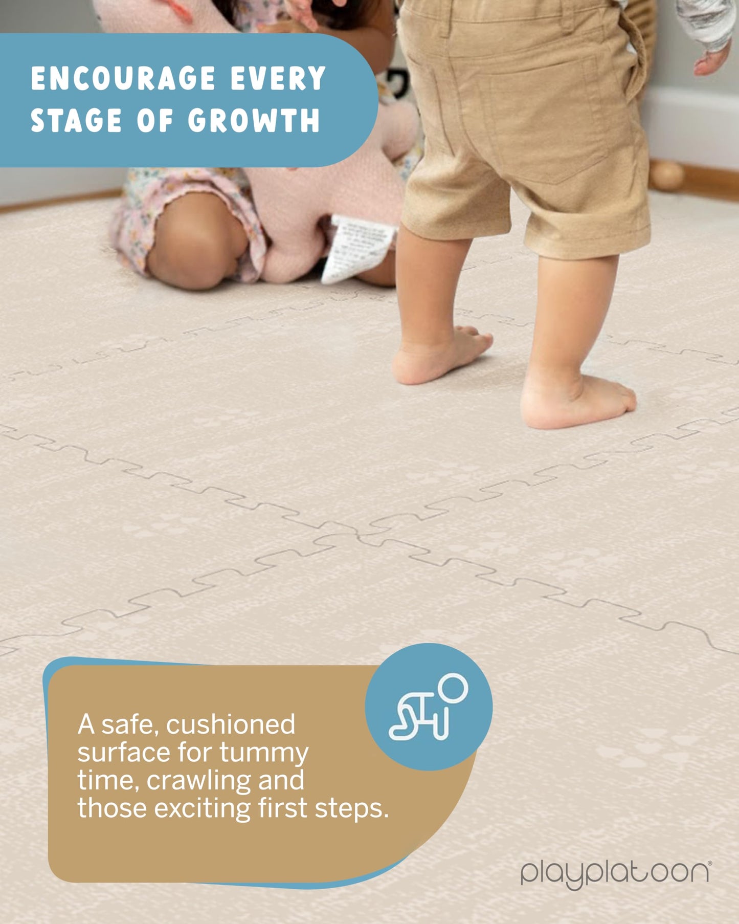Play Platoon Non-Toxic Large Baby Play Mat for Floor 16 Tile 96 x 96 inch - Extra-Thick Interlocking Foam Floor Tiles 24 x 24 in Puzzle Mat Pieces with Border, Playmat Rug for Kids - Brushed Cotton