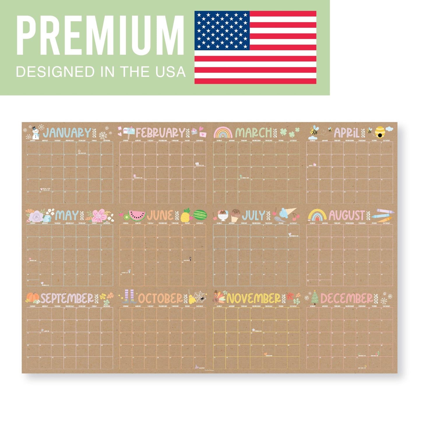 Hadley Designs Yearly Wall Calendar 2026 Large - 12 Month Dry Erase Calendar for Wall, Double-Sided, Reversible, Erasable, Reusable, Full Year Long Annual Planner - Kraft Pastel