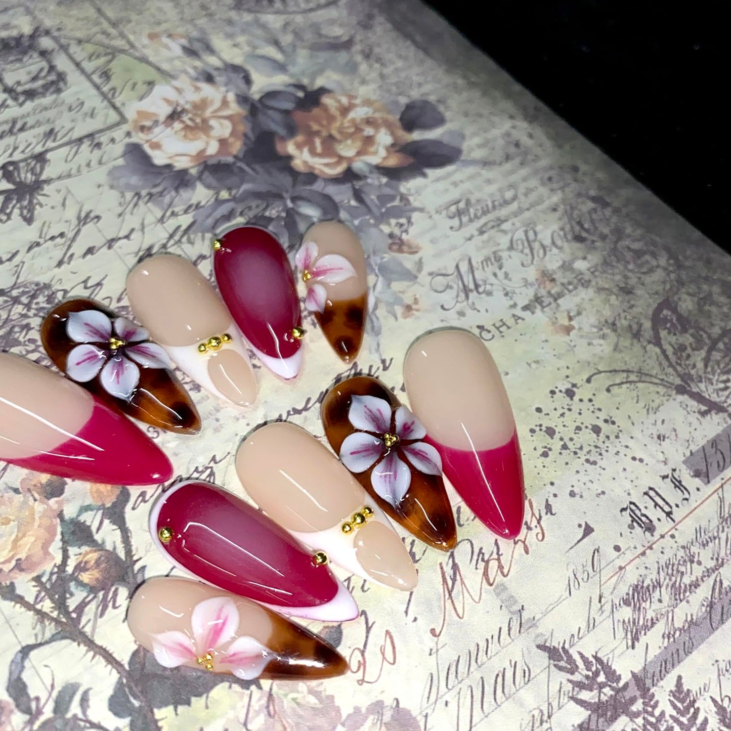 DreamRunNails Handmade Press on Nails, Medium Oval Shape with 3D Rhinestone and Hand Painted Floral Design, Reusable Acrylic Fake Nails, Pink Brown Nude